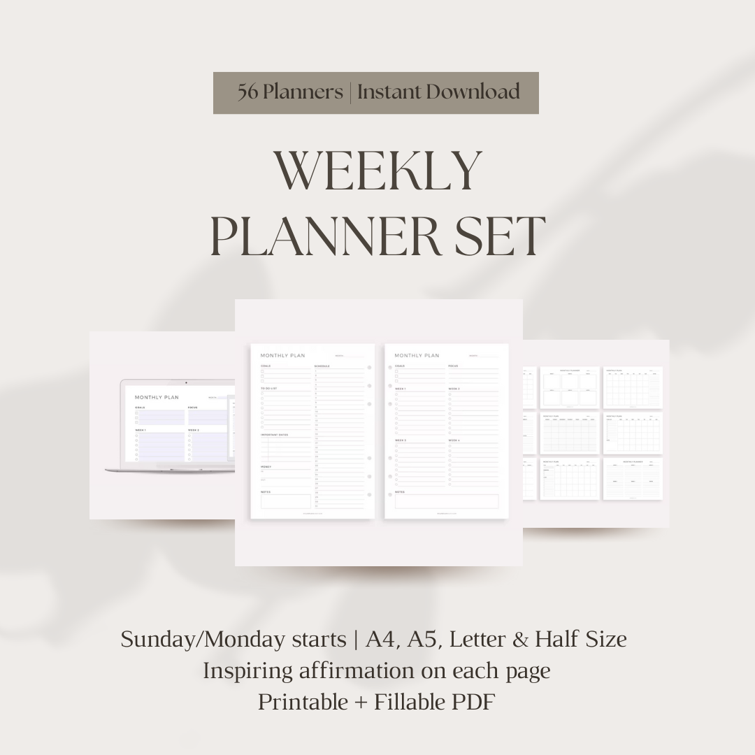 Weekly Planner Set with affirmations - 56 Unique Printable Weekly Planners