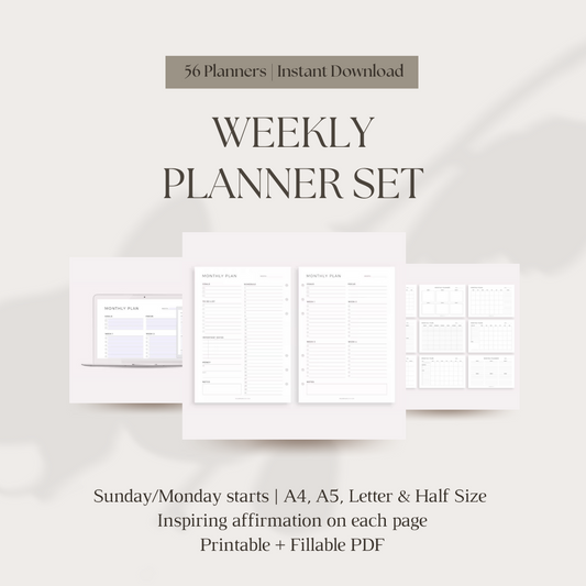 Weekly Planner Set with affirmations - 56 Unique Printable Weekly Planners