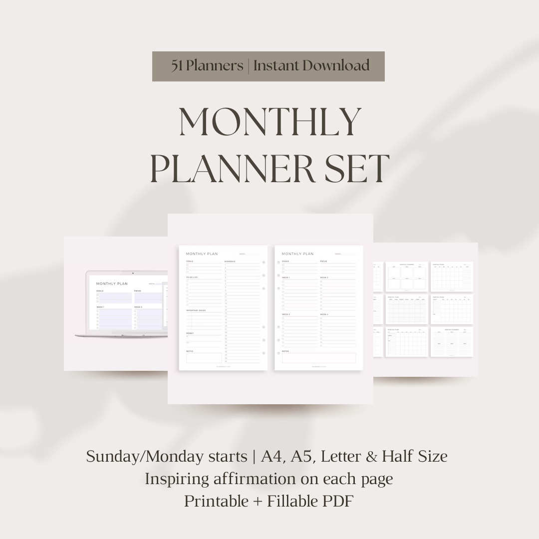 Monthly Planner Set with affirmations - 51 Unique Printable Planners