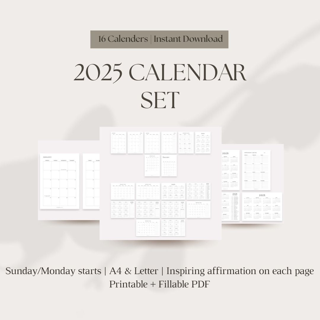 2025 Calendar Set with affirmations - 16 Unique Printable Designs