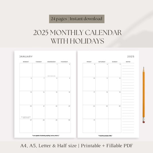 2025 Monthly Calendar with holidays