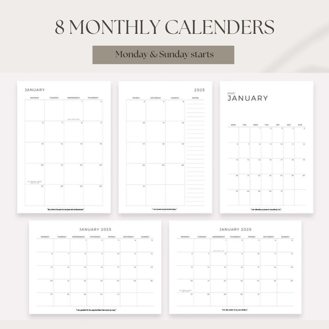 2025 Calendar Set with affirmations - 16 Unique Printable Designs