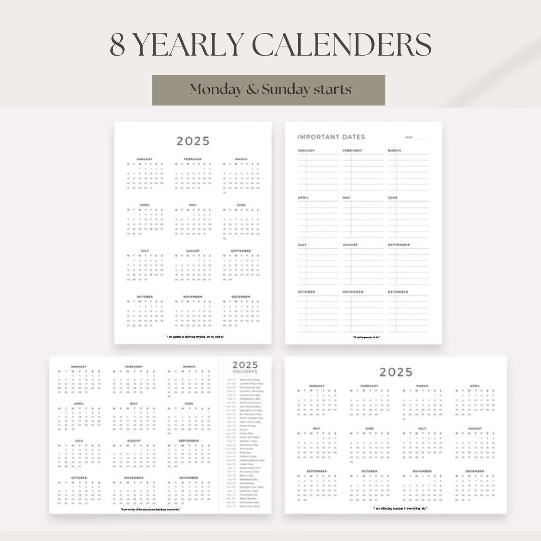 2025 Calendar Set with affirmations - 16 Unique Printable Designs